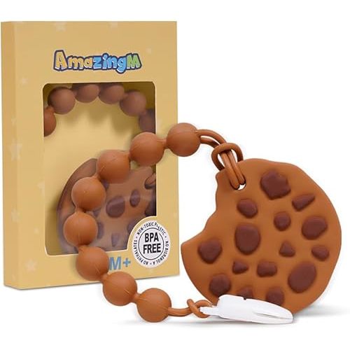 Baby Food Grade Silicone Teether Toy with One Piece Design Pacifier Clip Holder,Teething Pain Relief Toys Gift Set for 3 Months+ Boys and Girls,Freezer Safe,BPA Free. (Cookie)