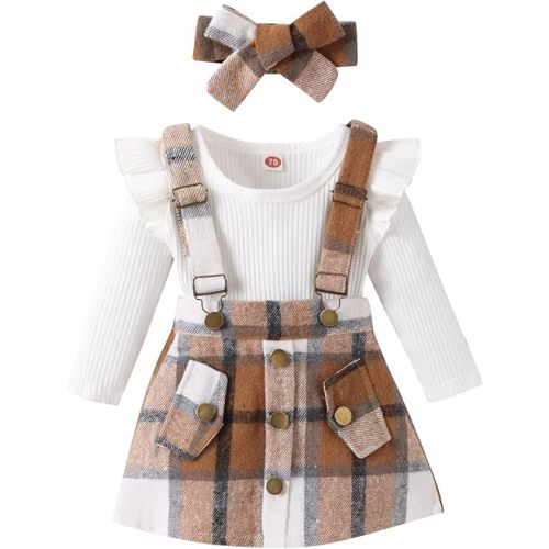 Madjtlqy Infant Girls Summer 3Pcs Outfit Sets Ruffle Short Sleeve Ribbed Romper + Suspender Skirt + Headband