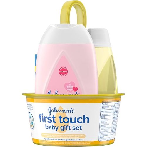 Johnson's First Touch Baby Gift Set, Baby Bath, Skin & Hair Essential Products, Kit for New Parents with Wash & Shampoo, Lotion, & Diaper Rash Cream, Hypoallergenic & Paraben-Free, 4 items