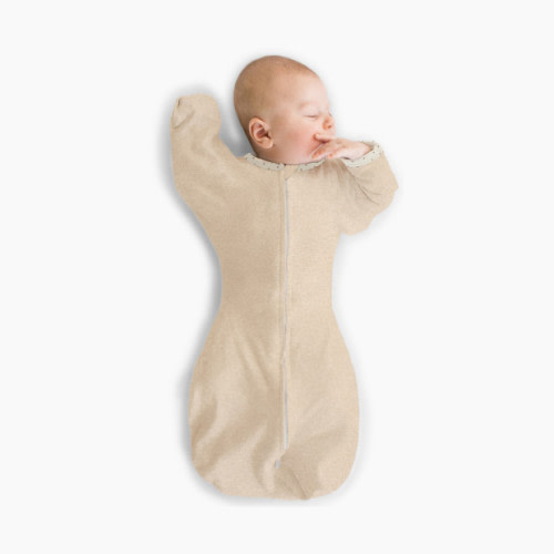 SwaddleDesigns Transitional Swaddle Sack with Arms Up Half-Length Sleeves and Mitten Cuffs - Heathered Oatmeal, Small 6-14 Lbs (0-3 Months)