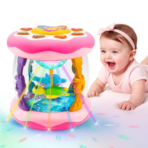 Baby Girl Toys Tummy Time Musical Light Up Ocean Rotating Projector Gifts | Infant Aquarium Crawling Walking Learning Toys Newborn Must Have Babies Girls First Birthday Shower Gifts