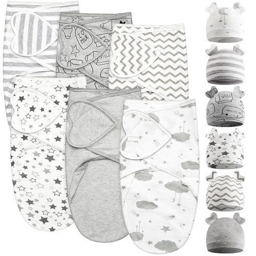 Ramede 6 Pack Baby Swaddle Blanket with Hats Sleep Swaddle for 0-3 Months Newborn Sacks Soft Cotton Wearable for Boy Girl