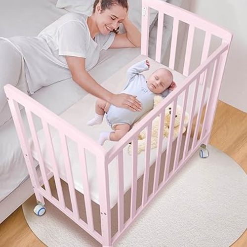 Baby Bassinets Bedside Sleeper - Portable Pine Wood Bedside Bassinet,6 Heights Small Mini Crib with Mattress,Space-Saving Design Baby Crib for Newborns 0-12 Months,Pink