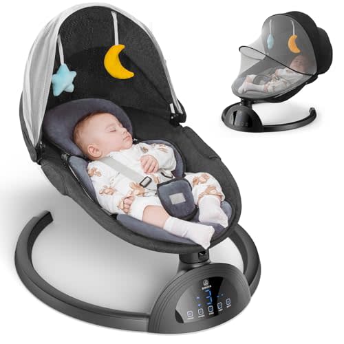 Bimuva Bluetooth Electric Baby Swing and Portable Bouncer with Music Speaker, 5 Sway Speeds, 3 Seat Positions, and Remote Control for Indoor Use, Infants to Toddlers, Boy & Girl