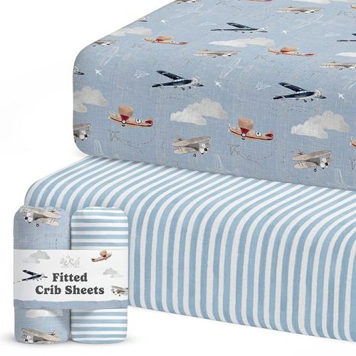 Crib Sheets Neutral - Fitted Baby Crib Sheets Bed for Girl Boy - 2 Pack Standard & Toddler Mattress - Buttery Soft Organic Cotton Blend (Airplanes in The Clouds)