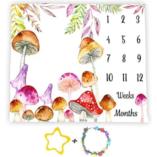 Mushroom Theme Baby Monthly Milestone Blanket, 48x40in Soft Flannel, Watercolor Backgrounds, Newborn Mom Gifts, Baby Shower Age Growth Tracker with Bonus Maker BTLSSS1