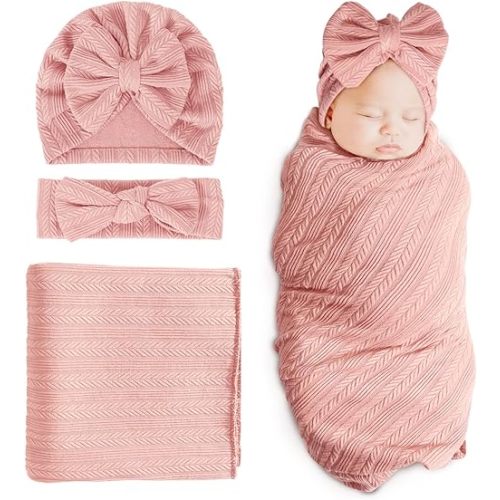 DRESHOW BQUBO Newborn Receiving Blanket Toddler Warm for Girls with Bow Hat and Bow Headband Shower Gift