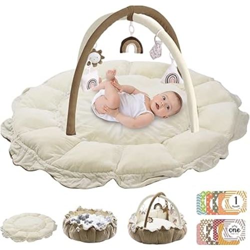5-in-1 Convertible Baby Play Gym with 6 Toys, Tummy Time Mat for Sensory Development, Baby Activity Center from Newborn to Toddler, Ball Pit, Cat & Dog Bed, Soft Plush Pet Bed, No Ball Included Brown