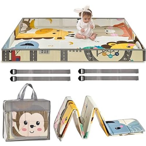 VEVOR Baby Play Mat, 55""x71"" Baby Crawling Mat, Non-Slip One-Piece Foam Baby Playmat, Foldable Portable Reversible Floor Mat with Travel Bag, Waterproof Activity Playmats for Babies, Toddlers, Infan