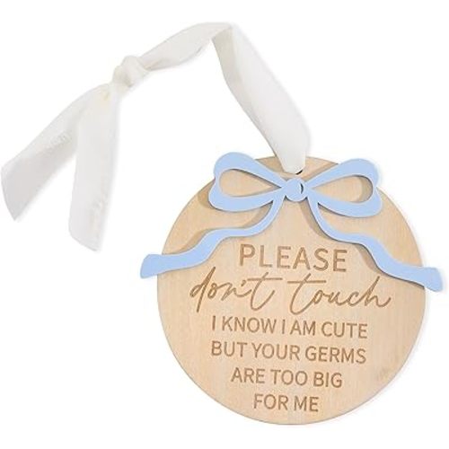 Please Dont Touch Baby Hanging Wood Sign - Wooden Sign for Car Seat or Stroller Bag Tag, No Touching Babies Signage for Newborn, Wood Acrylic Shower Gifts (Blue Bow Dont Touch Baby Sign)