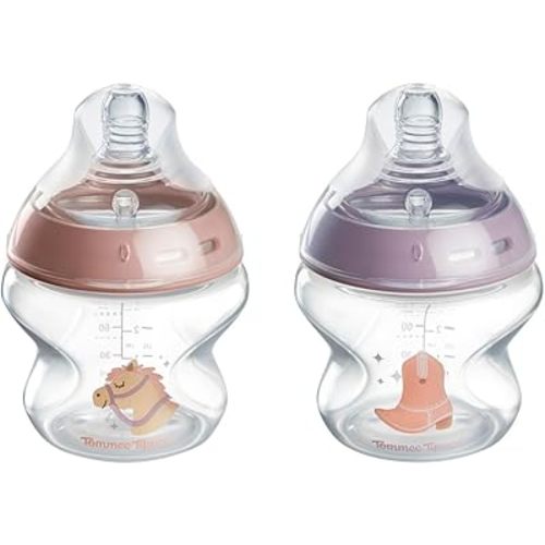 Tommee Tippee Natural Start Newborn Baby Bottles, 5 oz with Slow Flow Breast-Like Nipples for A Natural Latch, Self-Sterilizing and BPA Free, Cowboy Theme, Pack of 2