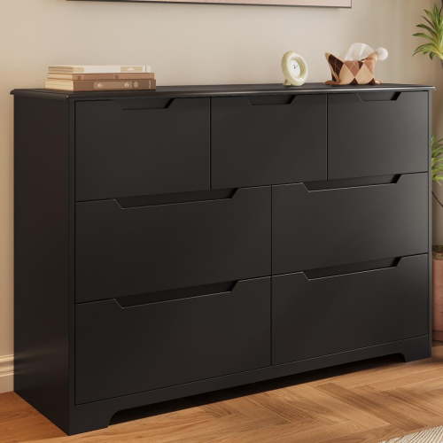 Lofka Modern Black Dresser with 7 Deep Drawers, Storage Organizer Handle-Free Design, Large Wood Storage Chest for Bedroom, Living Room - 47.2" W