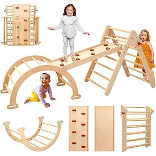 PairPear 7 in 1 Foldable Pikler Triangle Climbing Set, Large Wooden Indoor Jungle Gym with Rocker Arch, Ramp & Slide for Toddlers 18 Months+