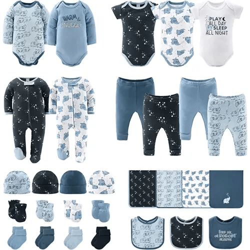 The Peanutshell Baby Layette Gift Set for Baby Boys - 30 Piece New Born Baby Boy Gift Set, Baby Clothes & Newborn Essentials Must Haves - Newborn Baby Boy Clothes 0-3 Months - Elephant Blue