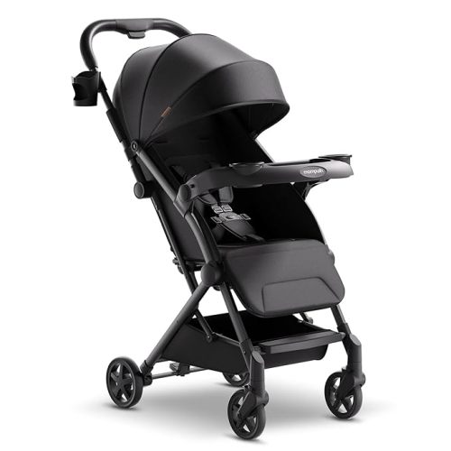 Mompush Lithe V2 Lightweight Stroller + Snack Tray, Ultra-Compact Fold & Airplane Ready Travel Stroller, Near Flat Recline Seat, Cup Holder, Raincover & Travelbag Included - Black