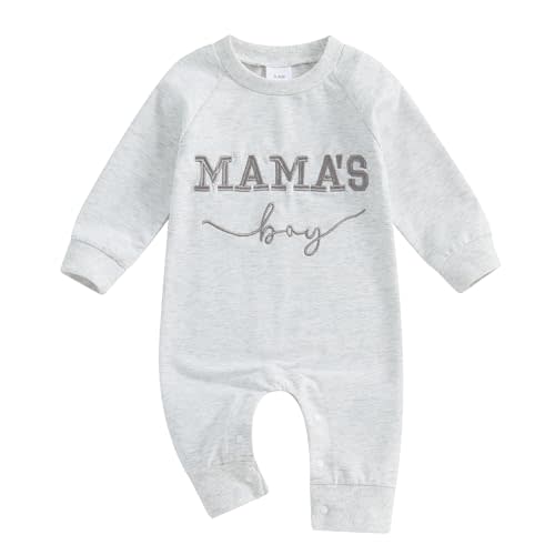 FOCUSNORM Newborn Baby Boy Fall Outfit Mamas Boy Embroidery Jumpsuit Long Sleeve Crewneck Romper Infant Boy Winter Clothes