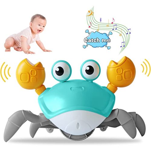 ReeRaa Crawling Crab Baby Toy, Tummy Time Toys for Kids,Automatically Avoid Obstacles Toddler Interactive Toy with Music and LED Light, Built in Rechargeable Battery (Green)