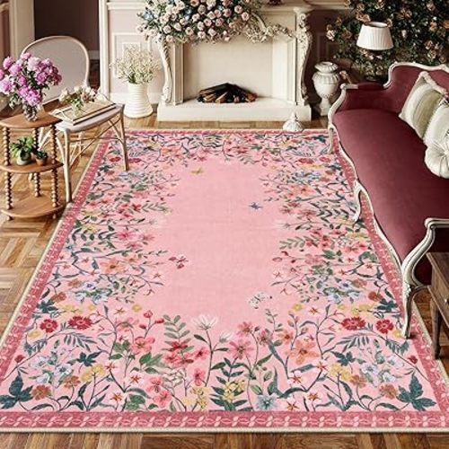 Wonnitar Washable Pink Floral 8x10 Rugs for Bedroom, Non-Slip Living Room Area Rug, Cute Nursery Large Botanical Area Rug, Soft Floor Carpet for Playroom Closet (Pink,8'x10')