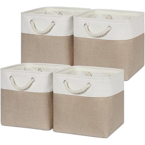 Temary Cube Storage Bins 11 x 11 Fabric Storage Baskets 4 Pack Storage Cubes Baskets for Gift Empty, Cube Organizer Bins Cloth Basket for Storage (White&Khaki)
