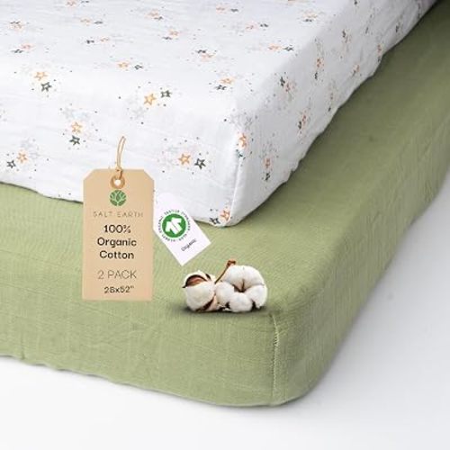 Salt Earth 100% Organic Cotton Muslin Standard Fitted Crib Sheet for Boys, Girls & Toddlers – 52"x28", 2 Pack Soft Breathable Natural Cotton Mattress Bed Sheets, Neutral Crib Sheet (Green & Star)