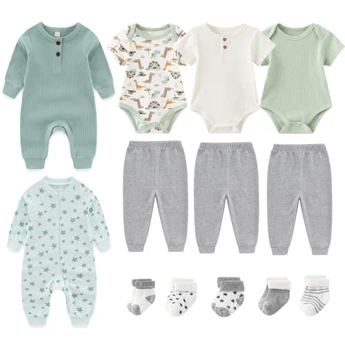 Ruliby Ribbed Baby Bodysuits and Zip Romper Cotton Pants Clothes Sets 0-12 Months