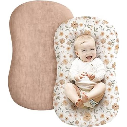 Konssy Muslin Baby Lounger Cover 2 Pack, 100% Cotton Newborn Lounger Cover, Soft and Breathable Lounger Slipcover for Boys Girls, Covers Only (Peach, Flowers)