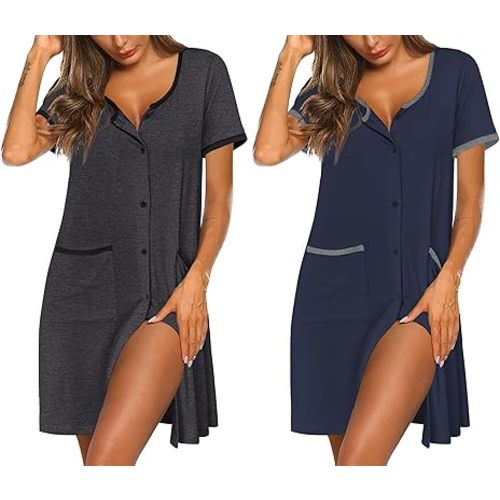 Nightgowns for Women 2 Pack Button Down Sleep Shirts Short Sleeve Nightshirt Sleepwear House Dress with Pockets