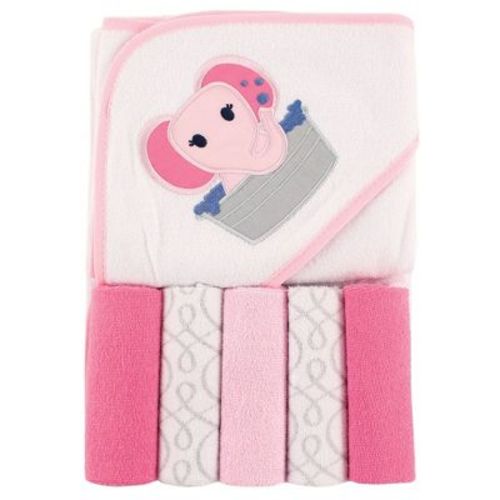 Luvable Friends Baby Girl Hooded Towel With Five Washcloths, Pink Elephant, One Size