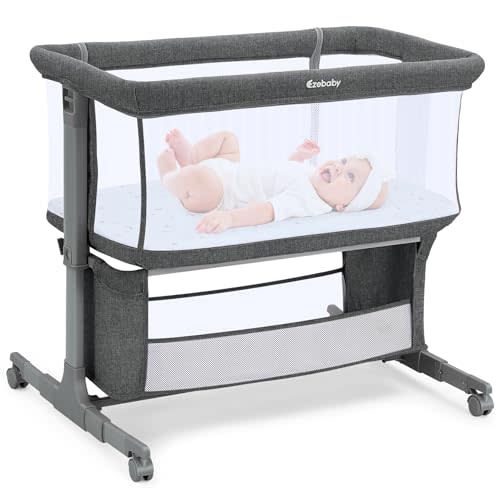 Ezebaby Bedside Bassinet for Baby, Portable Baby Bassinet Bedside Sleeper for Newborn Infants with Wheels Storage Basket, Adjustable 7 Heights and All Mesh Sides