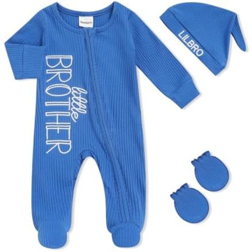 Newborn Baby Boy Outfits Zippered Romper Letter Embroidered Coming Home Jumpsuit with Hat Mittens