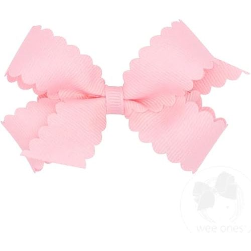 Wee Ones Girls' Classic Grosgrain Hair Bow with Scalloped Edges and Plain Wrap Center on a WeeStay Hair Clip, Mini, Light Pink