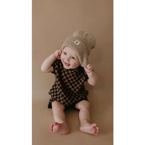 Brown + Black Checkerboard | Short Sleeve Ribbed Romper