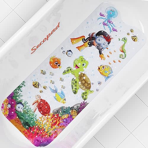 Baby Bath Mat for Tub for Kids, 40in x 16in Non Slip Cartoon Bath Tub Shower Mat Anti Slip with Drain Holes and Suction Cups Machine Washable, Turtle