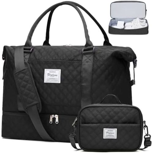 Weekender Bags for Women,Travel Duffel Bag with Shoes Compartment,Overnight Carry on Personal Item Bag with Toiletry Bag,Black