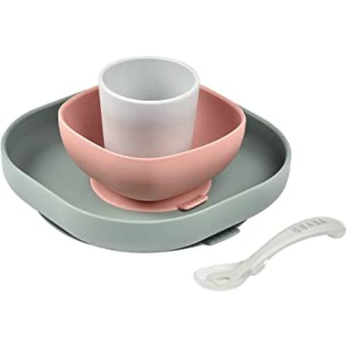 BEABA Silicone 4-Piece Dishware - 100% Silicone Baby Plate Set, Baby Bowls - Includes Baby Plate, Baby Bowl, Baby Cup, 2nd Stage Silicone Spoon, (Eucalyptus)