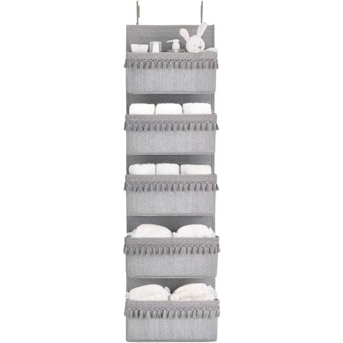 Dahey Over The Door Organizer Boho Nursery Storage Decor Closet Hanging Organizer with Tassels Decoration for Bedroom Nursery Bathroom Apartments Dorm Pantry, 5 Pockets, Grey
