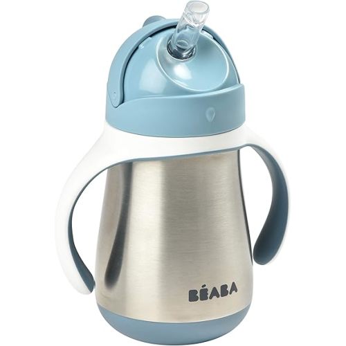 BEABA Stainless Steel Straw Sippy Cup, Insulated Toddler Cups Spill Proof with Removable Handles, Made with High Grade Stainless Steel, 8+ months, 8.5 oz (Rain)