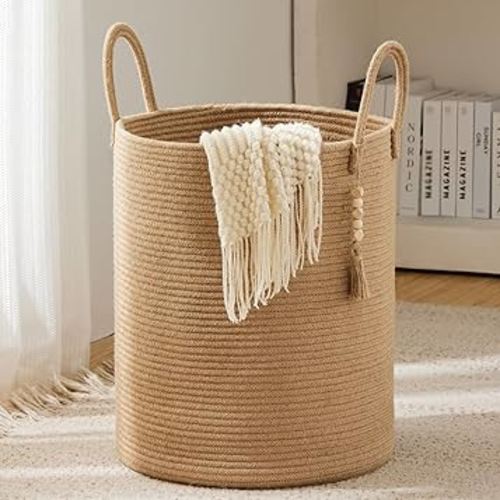 Jute Rope Laundry Hamper Basket, 58L Tall Woven Collapsible Baskets for Blanket Organizing Clothes Hamper for Laundry Bedroom Storage