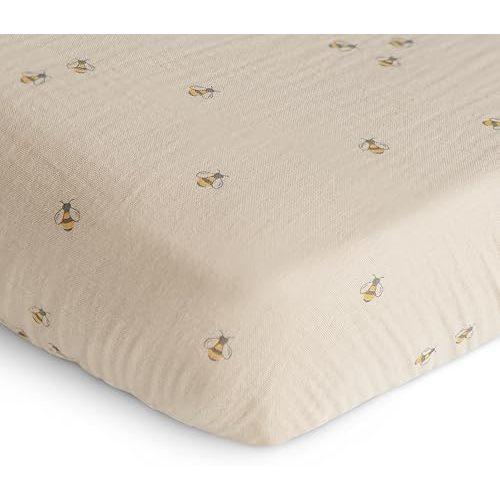 mushie Extra Soft Muslin Fitted Crib Sheet | 192 Thread Count | 28"x 52" (Bees)