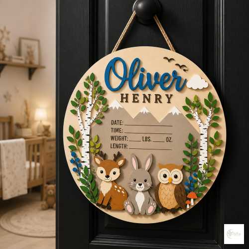 Personalized Woodland Baby Birth Stats Sign, 3D Nursery Name Plaque, Deer Rabbit Owl Mountain Baby Announcement, Custom Newborn Keepsake