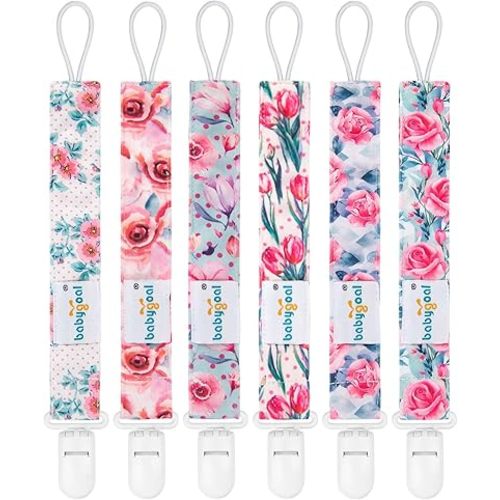 Babygoal Floral Pacifier Clips, 6 Pack Binky Paci Holder Clips and Leash for Boys and Girls Fits for Most Pacifier, Binkie Styles & Baby Teethers & Toys and Gift 6PS16
