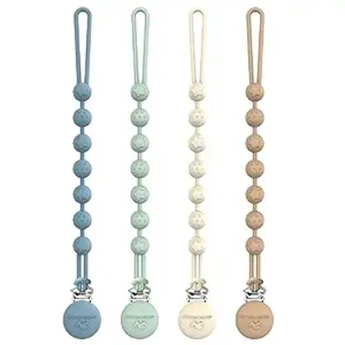 Cuddle Campus Silicone Pacifier Clip Holder with One Piece Design, Pack of 4 Soft Flexible Binky Clips with Texture for Baby Boy and Girl - Neutral Colors - 6m+ Round