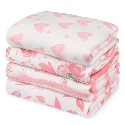 GLLQUEN BABY Muslin Swaddle Blankets 4-Pack Breathable Receiving Blankets (35" x 40") Soft Baby Blankets for Girls and Boys Newborn Essentials Muslin Burp Cloths Swaddle Wrap Baby Gift (Flower)