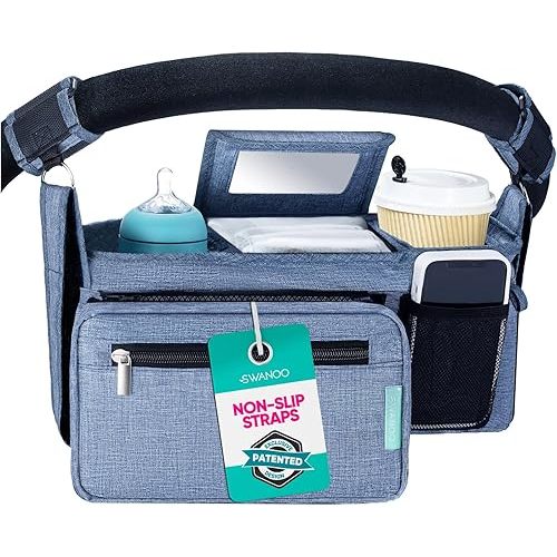Swanoo Stroller Caddy Stroller Organizer With Cup Holder, Non Slip Straps Stroller Bag for Phone, Pet Stroller Accessories, Universal Fits Uppababby Vista v2 Wonderfold Wagon, Doona and More