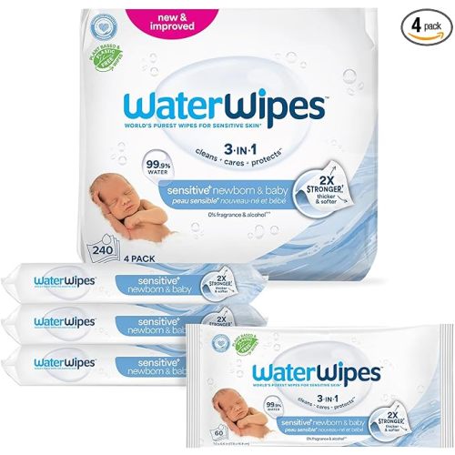 WaterWipes Sensitive+ Newborn & Baby Wipes, 3-In-1 Cleans, Cares, Protects, 99.9% Water, Unscented & Hypoallergenic, 240 Count (4 Packs)