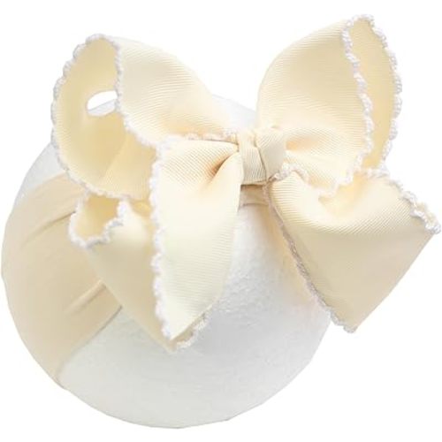 6'' Jumbo Beige Baby Girls Bow Headbands, Handmade Grosgrain Moonstitch Boutique Baby Headwraps, Super Stretchy Soft Nylon Headbands for Newborns, Infants & Toddlers