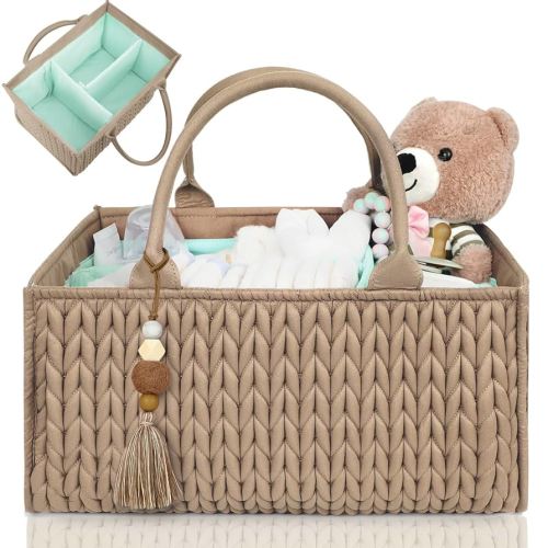 MOMINSIDE Diaper Caddy Organizer, Nursery Storage, Portable Changing Table Car Caddy - Girl Boy, Baby Registry, Newborn Essentials (Brown)