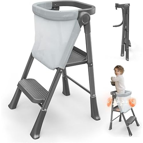 Toddler Step Stool Foldable, Kids Step Stools for Kitchen Counter, Foster Independence Learning Stool with Safety Guards&Net, Toddler Sturdy Standing Tower Kitchen Helper,Black