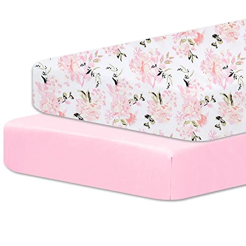 Pack N Play Sheets, 2 Pack Mini Crib Sheets Fits Standard Size 38" X 26" Playard Mattress, Soft and Breathable, Playard Fitted Sheet, Pink Floral & Solid Pink
