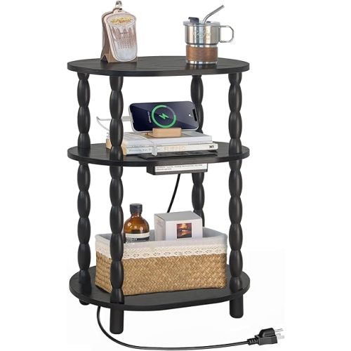 MaxSmeo Black Side Table with Charging Station, 3-Tier Small Oval End Table with USB Ports and Outlet, Modern Night Stand Wood Accent Table for Living Room, Bedroom, Black